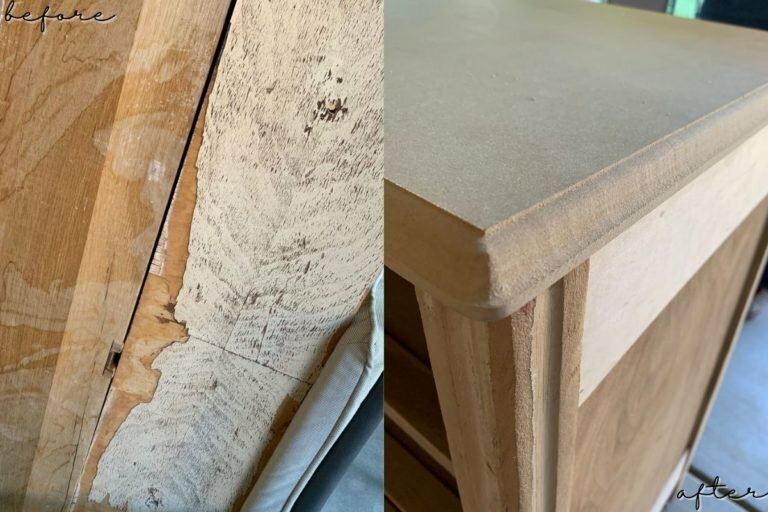 An image of a new wooden top being prepared for a vintage dresser