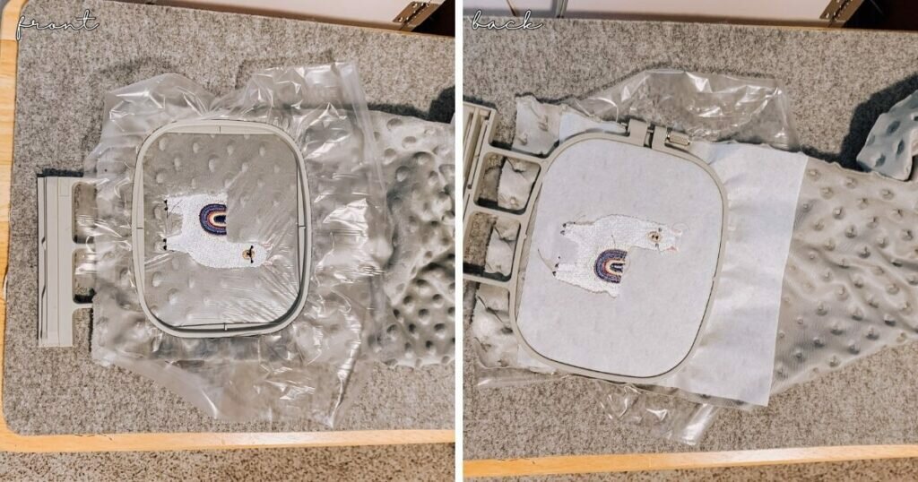 An image of removing stabilizer from embroidered minky fabric