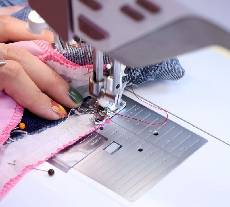 An image of sewing the new pocket to the existing jeans pocket